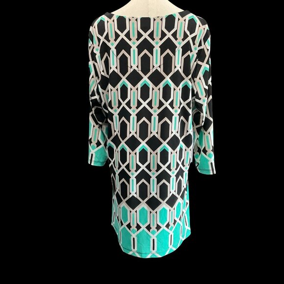 Teal/Black/White Abstract Print Tunic Top w/ Rhinestone Details - Picture 3 of 4